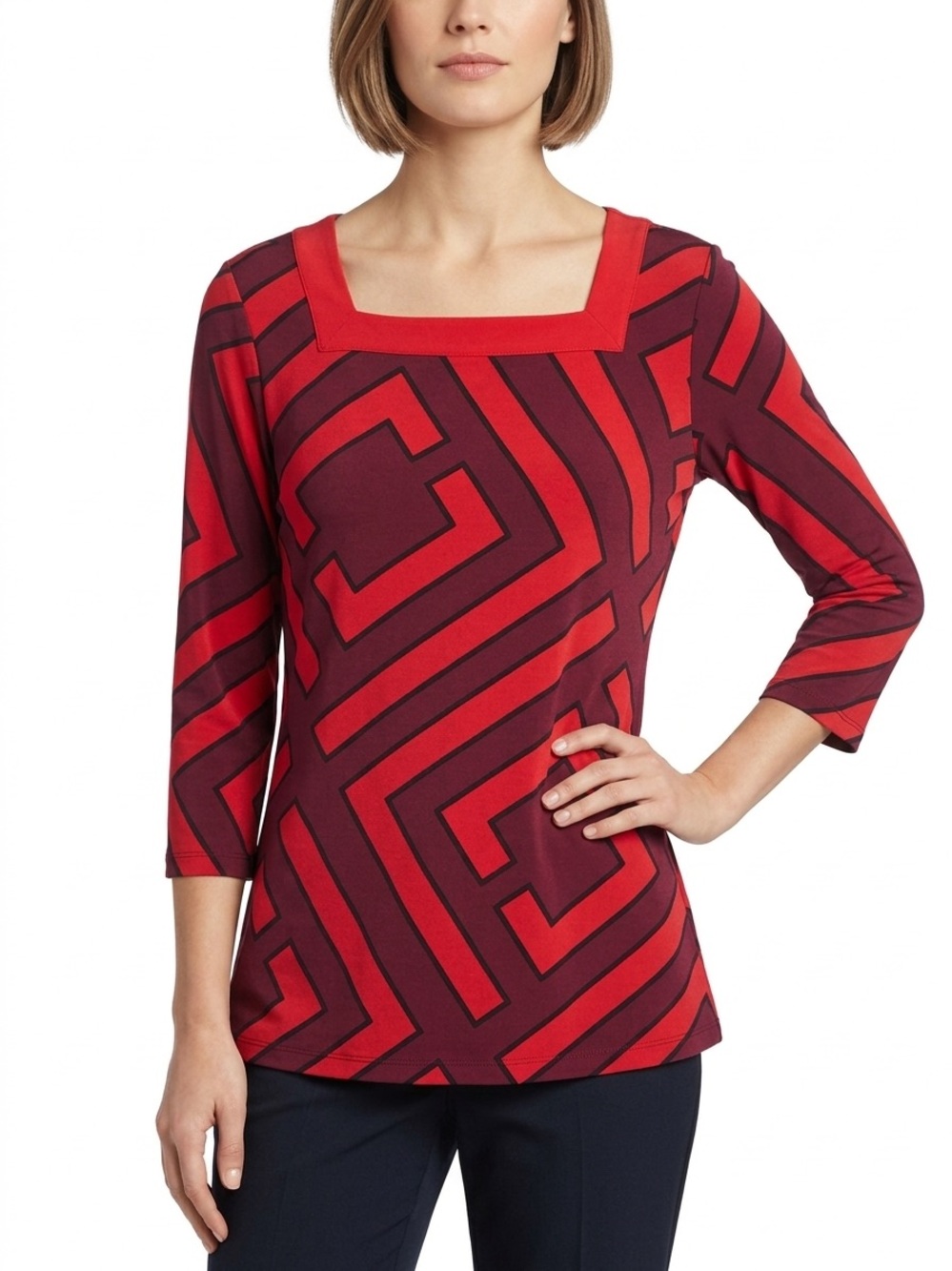 Liz Claiborne NWOT Red and Burgundy Geometric Square Neck Blouse Stretchy Comfy